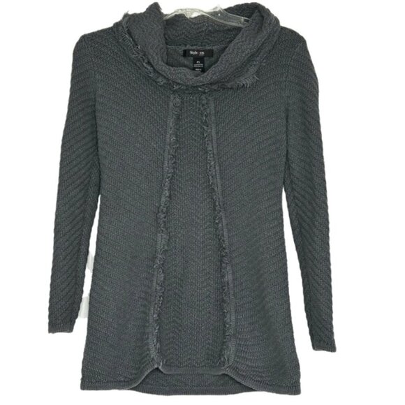 2/$30 Style & Co. Gray Grey Knit Cowl Neck Sweater Size PS Long Sleeve fringe - Picture 1 of 8